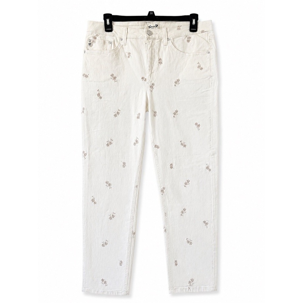 Seven7 Womens Floral Embroidered White Straight Jeans Size 10 Ankle Crop